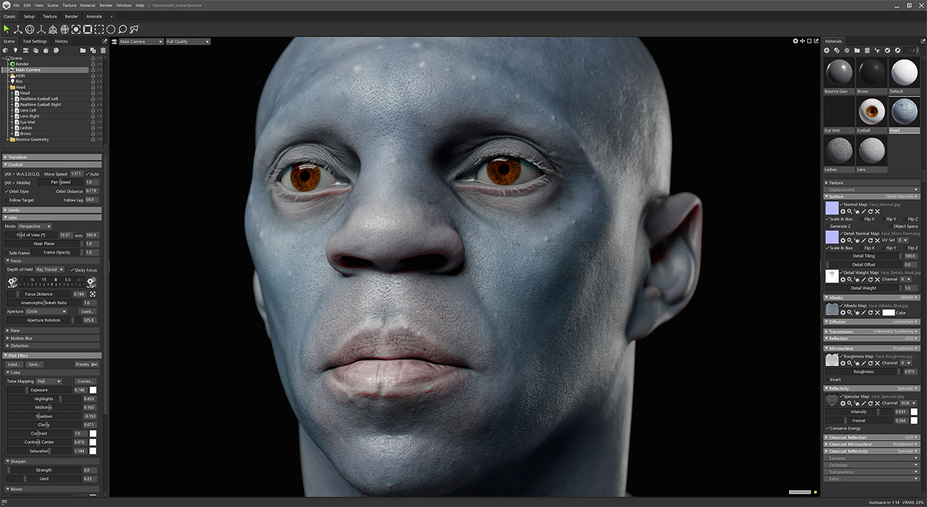 Marmoset Toolbag Render Scene with skin shader and lighting